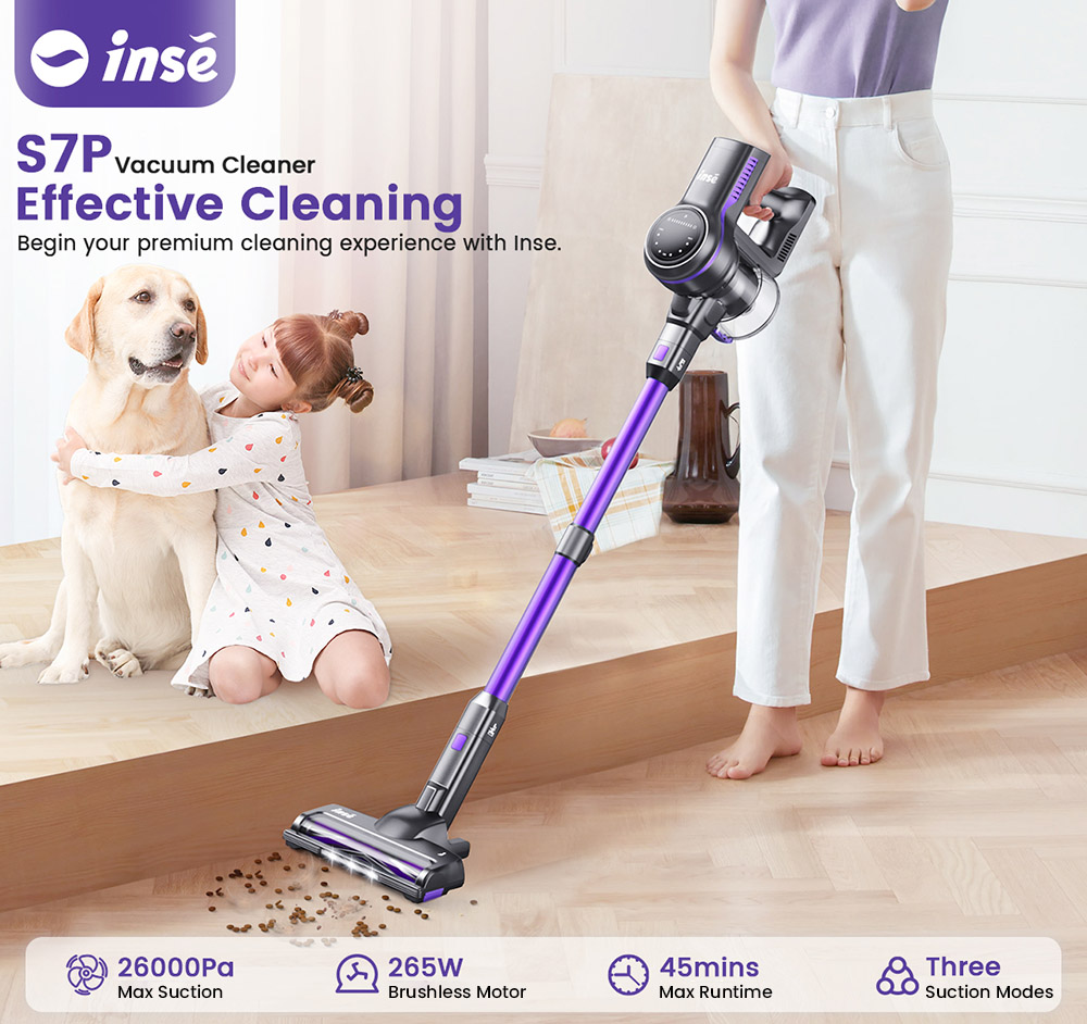 INSE S7P Akumulátorový tyčový vysávač, výkonné sanie 26 kPa, 45 min. prevádzky, LED displej, samočinná &; HEPA filtrácia, na tvrdé podlahy, koberce &; chlpy domácich zvierat - fialový