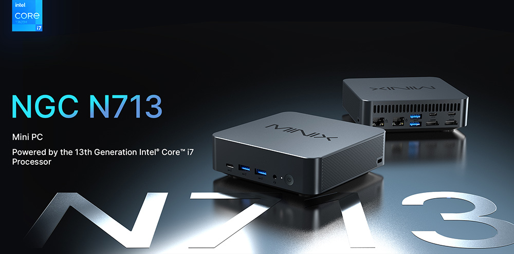MINIX NGC N713 Mini PC, Intel Core i7-13620H 10 jadier Max. 4.90 GHz, 32 GB RAM 1 TB SSD, 2*HDMI + 2*Type-C 4K Quad Screen Display, WiFi 6 Bluetooth 5.2, 2*RJ45, 4*USB3.2, zástrčka EU/US/UK