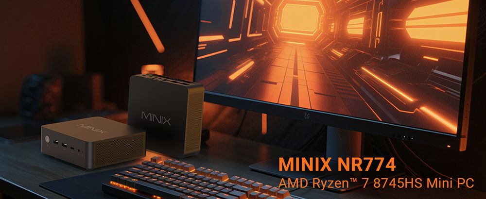 MINIX NGC NR774 Mini PC,  AMD Ryzen 7 8745HS 8 Cores Max 4.9GHz, 32GB RAM 1TB SSD, 2*USB-C + HDMI + DP Quad Screen Display, WiFi 6E Bluetooth 5.2, 2*USB3.2, 2*2.5G RJ45, 1*Audio