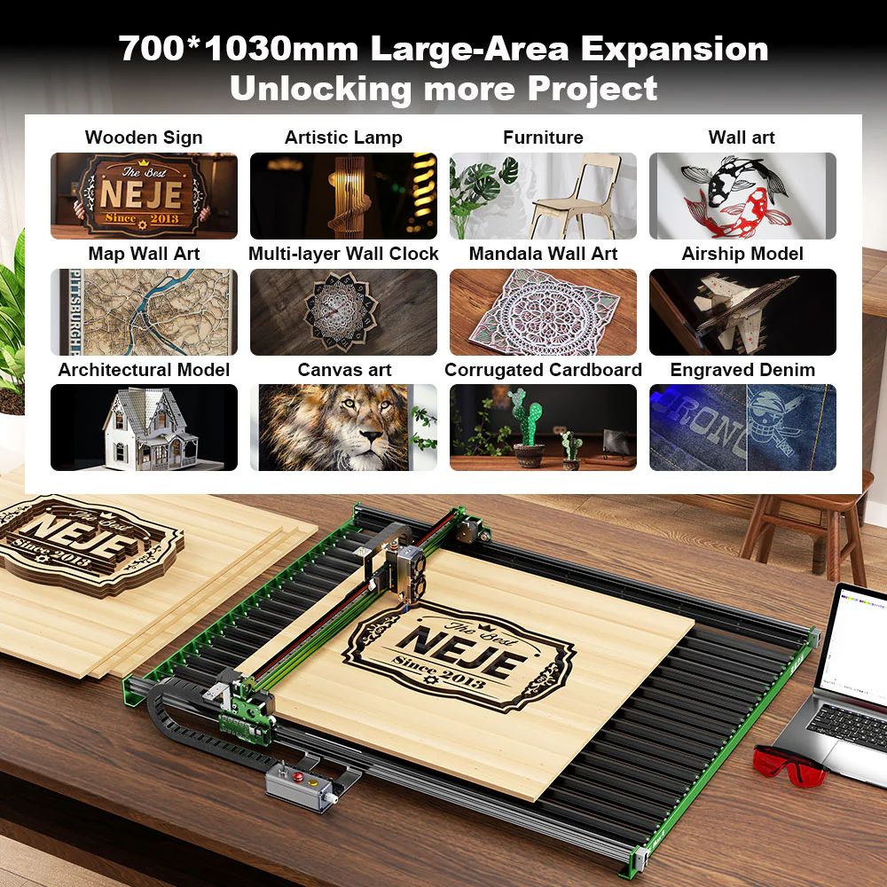NEJE Max4 V2 E80 20W l&eacute;zergrav&iacute;roz&oacute; &eacute;s v&aacute;g&oacute;, motoros Z-tengely, 1000 mm/s gyors sebess&eacute;g, 750&times;460mm