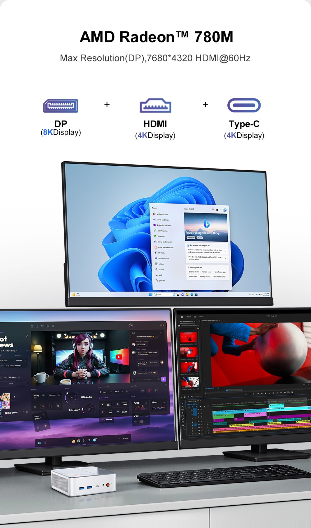 Ninkear M8 Mini PC, AMD Ryzen 7 8745HS 8 magos, max. 4,9 GHz, 32 GB DDR5 RAM, 1 TB SSD, DP (8K) + HDMI (4K) + Type-C (4K) h&aacute;romkijelzős, WiFi 6, Bluetooth 5.2, 3*USB3.2, 1*USB2.0, 2*2.5G RJ45, 1*Fejhallgat&oacute; csatlakoz&oacute;