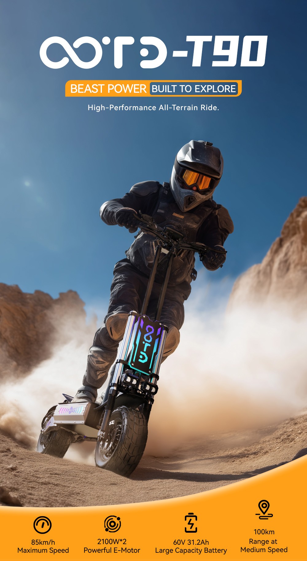 OOTD T90 Electric Scooter, 2100W*2 Motor, 60V 31.2Ah batéria, 13-palcové pneumatiky, max. rýchlosť 85 km/h, dojazd 100 km, hydraulické kotúčové brzdy, predné dvojité hydraulické odpruženie & zadné dvojité odpruženie