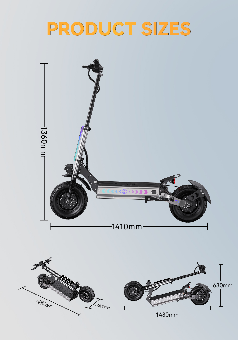 OOTD T90 Electric Scooter, 2100W*2 Motor, 60V 31.2Ah batéria, 13-palcové pneumatiky, max. rýchlosť 85 km/h, dojazd 100 km, hydraulické kotúčové brzdy, predné dvojité hydraulické odpruženie & zadné dvojité odpruženie