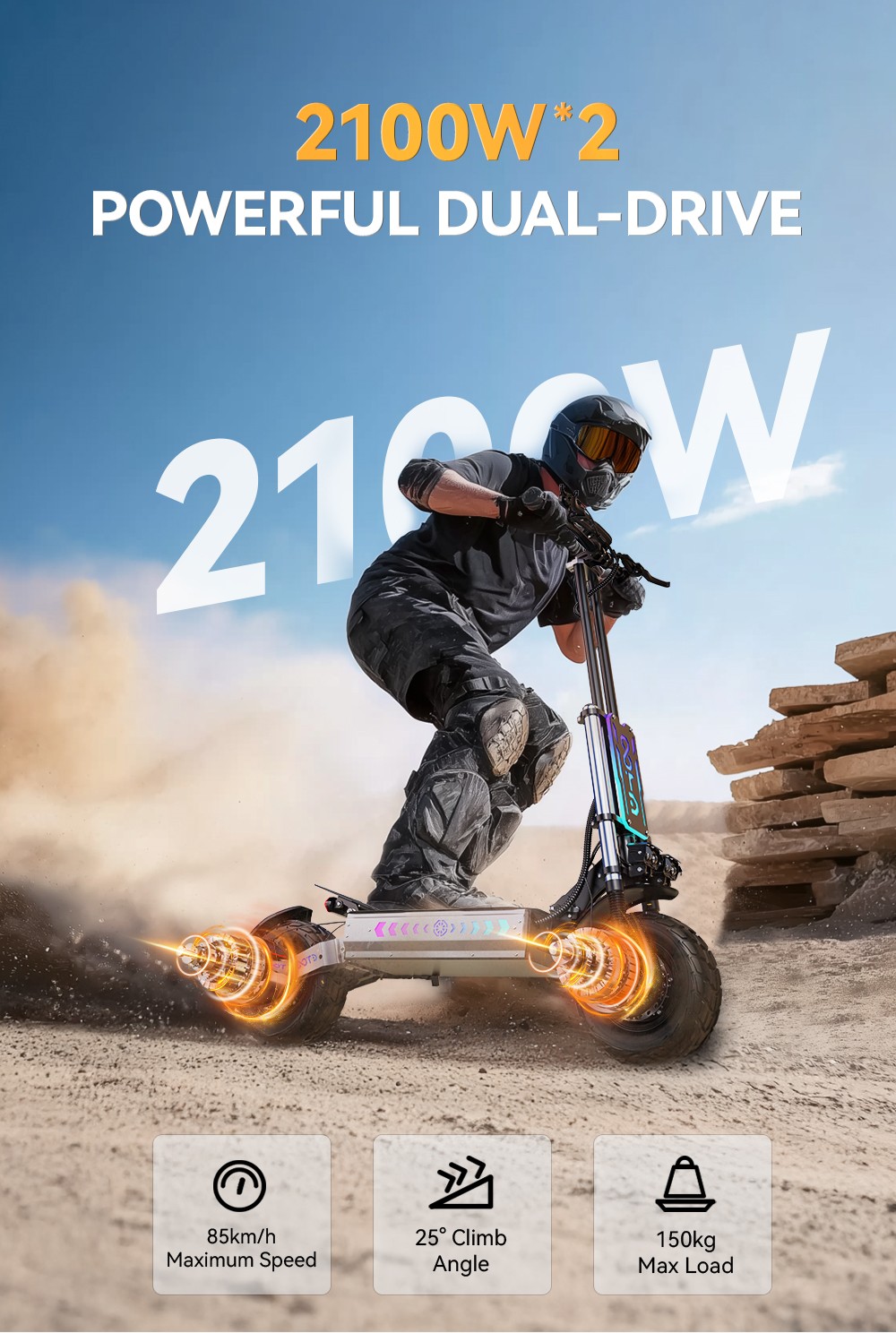 OOTD T90 Electric Scooter, 2100W*2 Motor, 60V 31.2Ah batéria, 13-palcové pneumatiky, max. rýchlosť 85 km/h, dojazd 100 km, hydraulické kotúčové brzdy, predné dvojité hydraulické odpruženie & zadné dvojité odpruženie