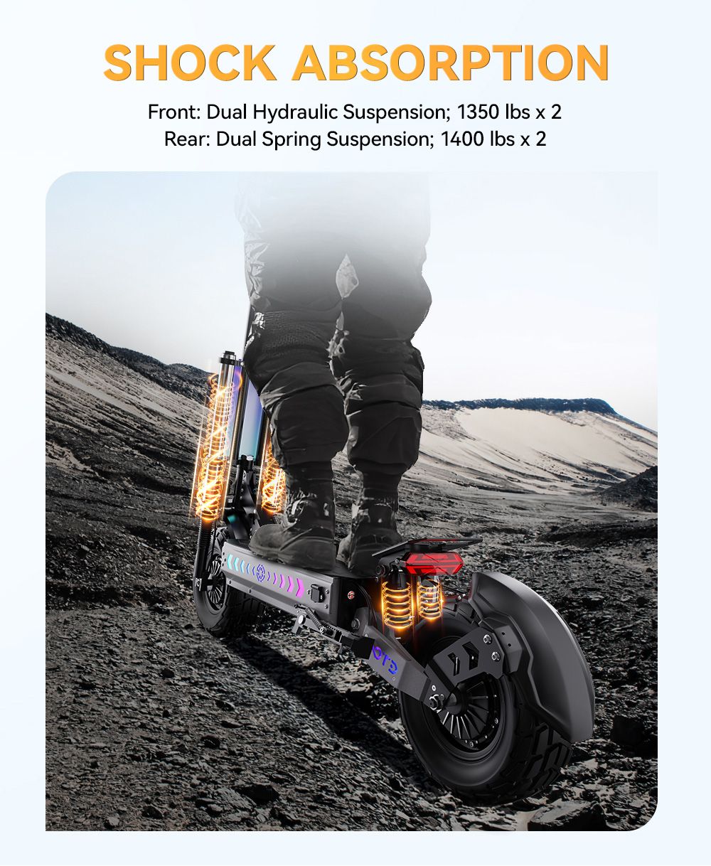 OOTD T90 Electric Scooter, 2100W*2 Motor, 60V 31.2Ah batéria, 13-palcové pneumatiky, max. rýchlosť 85 km/h, dojazd 100 km, hydraulické kotúčové brzdy, predné dvojité hydraulické odpruženie & zadné dvojité odpruženie