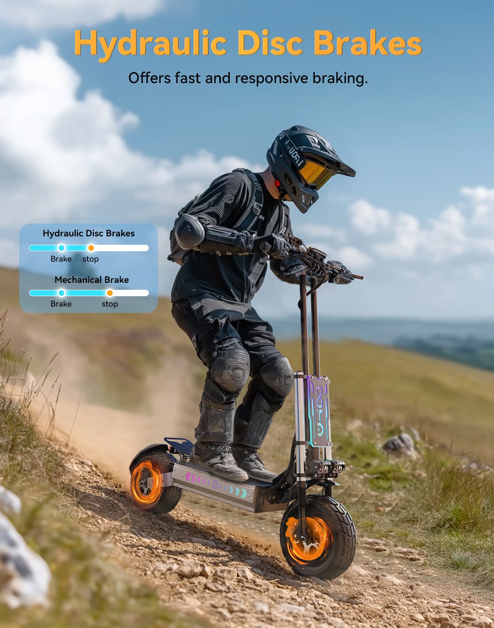 OOTD T90 Electric Scooter, 2100W*2 Motor, 60V 31.2Ah batéria, 13-palcové pneumatiky, max. rýchlosť 85 km/h, dojazd 100 km, hydraulické kotúčové brzdy, predné dvojité hydraulické odpruženie & zadné dvojité odpruženie