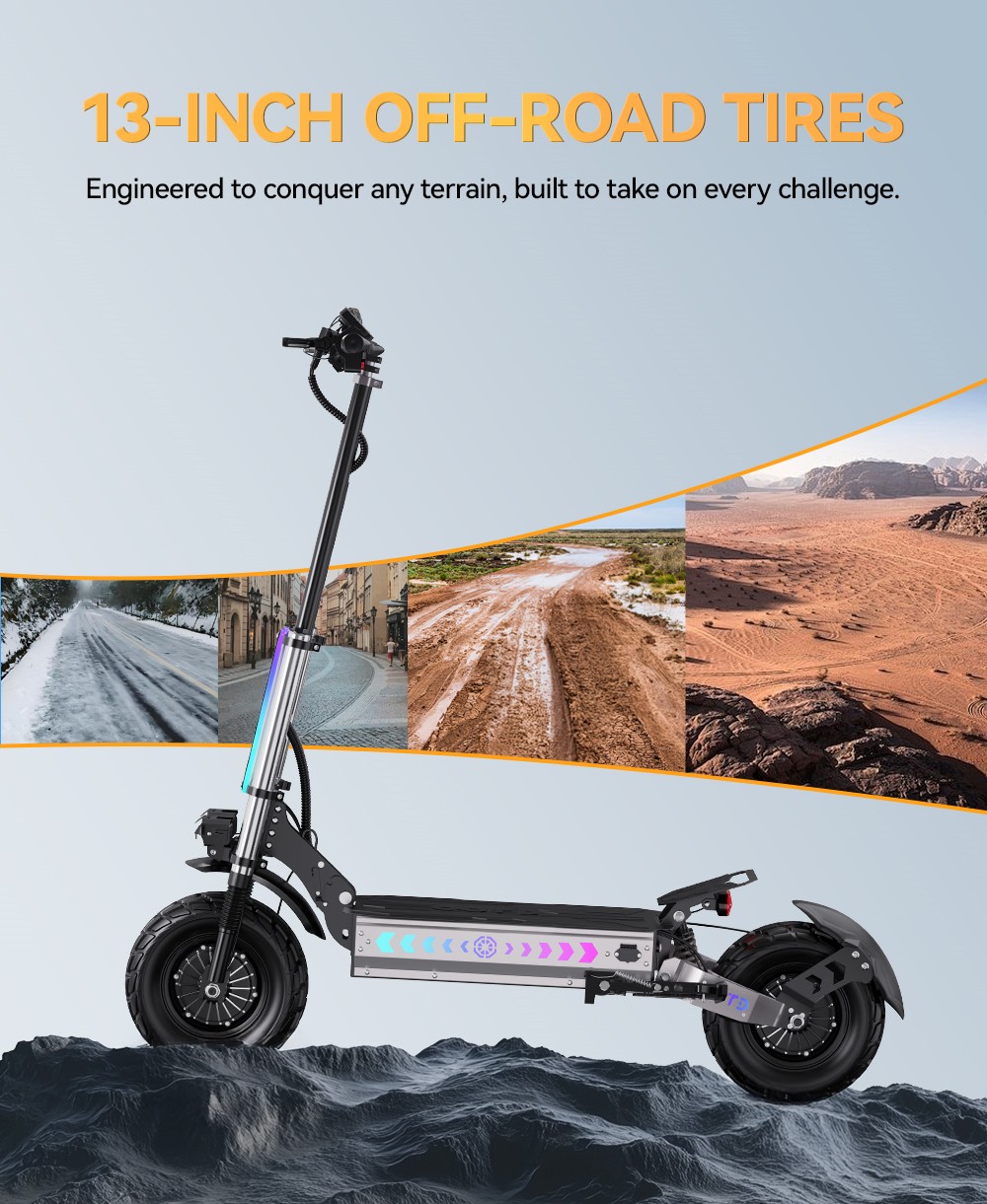 OOTD T90 Electric Scooter, 2100W*2 Motor, 60V 31.2Ah batéria, 13-palcové pneumatiky, max. rýchlosť 85 km/h, dojazd 100 km, hydraulické kotúčové brzdy, predné dvojité hydraulické odpruženie & zadné dvojité odpruženie