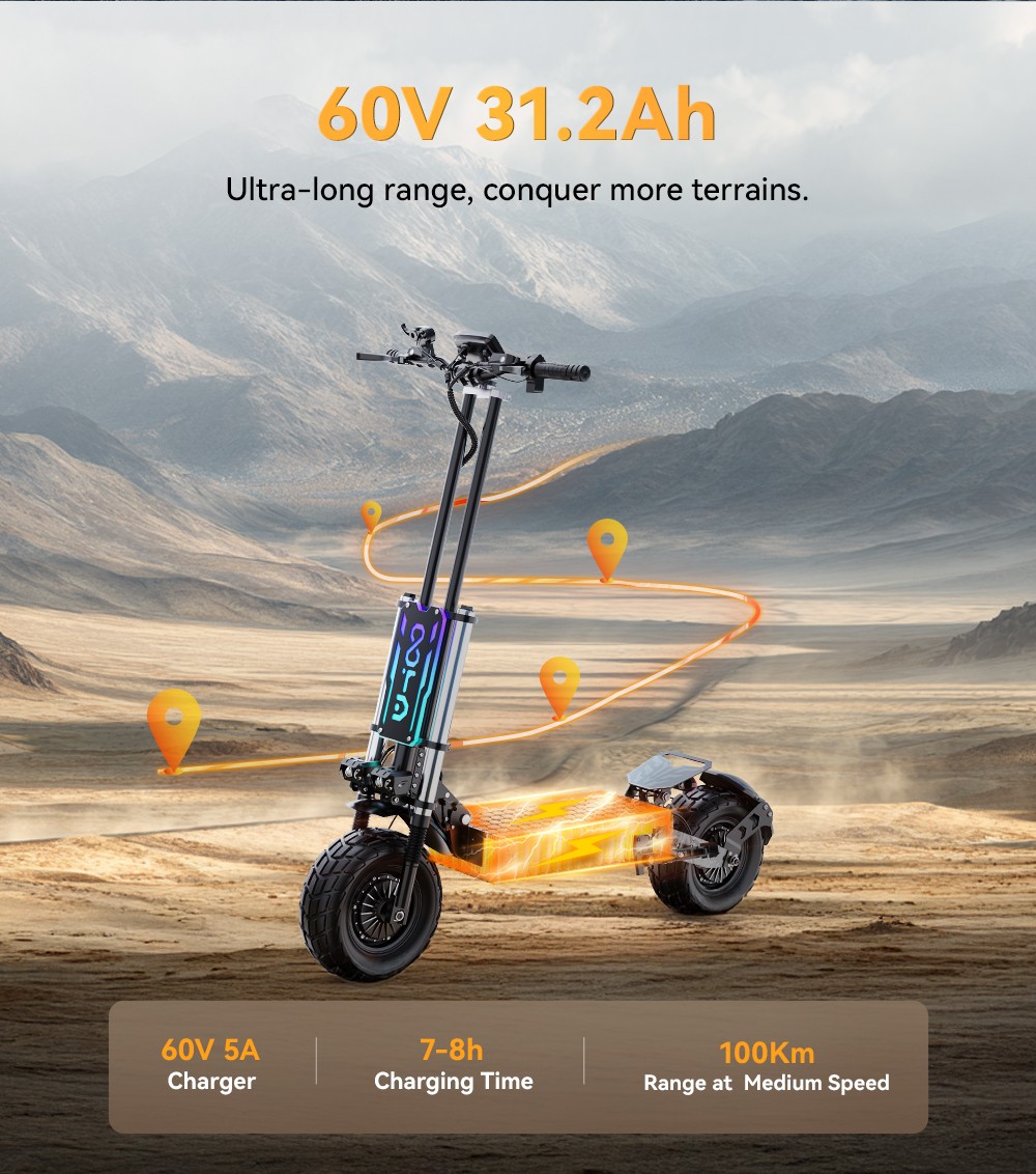 OOTD T90 Electric Scooter, 2100W*2 Motor, 60V 31.2Ah batéria, 13-palcové pneumatiky, max. rýchlosť 85 km/h, dojazd 100 km, hydraulické kotúčové brzdy, predné dvojité hydraulické odpruženie & zadné dvojité odpruženie