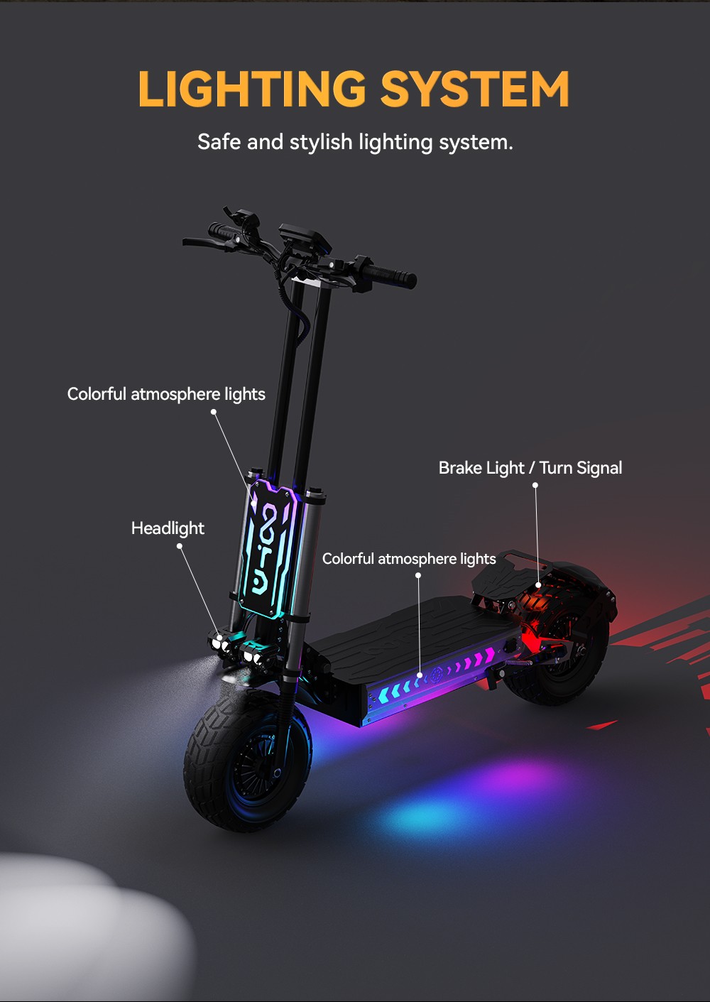 OOTD T90 Electric Scooter, 2100W*2 Motor, 60V 31.2Ah batéria, 13-palcové pneumatiky, max. rýchlosť 85 km/h, dojazd 100 km, hydraulické kotúčové brzdy, predné dvojité hydraulické odpruženie & zadné dvojité odpruženie