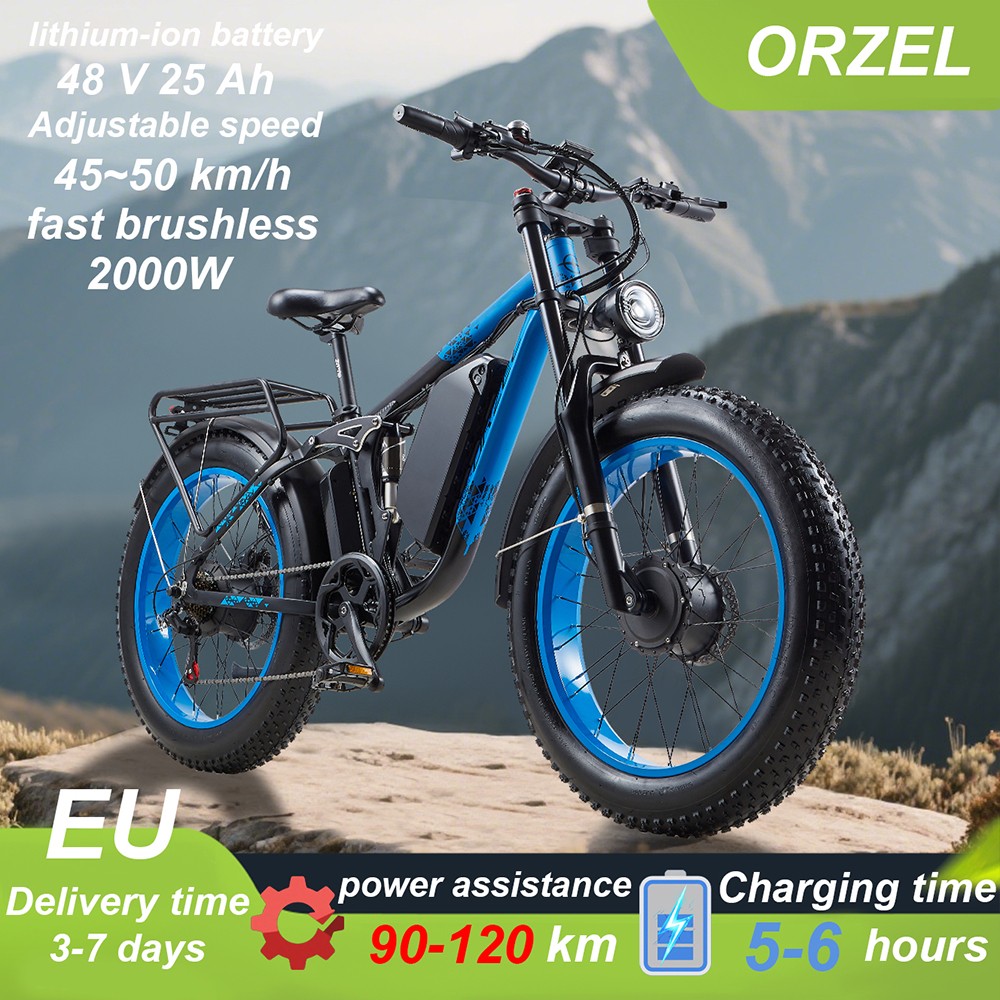 ORZELEBIKE K17 Electric Bike, 1000W*2 Motor, 48V 25Ah Battery, 26*4.0 palcové pneumatiky, max. rýchlosť 50 km/h, max. dojazd 120 km, predné & zadné hydraulické kotúčové brzdy, predné & zadné duálne tlmiče, Shimano 7 rýchlostí - modrá
