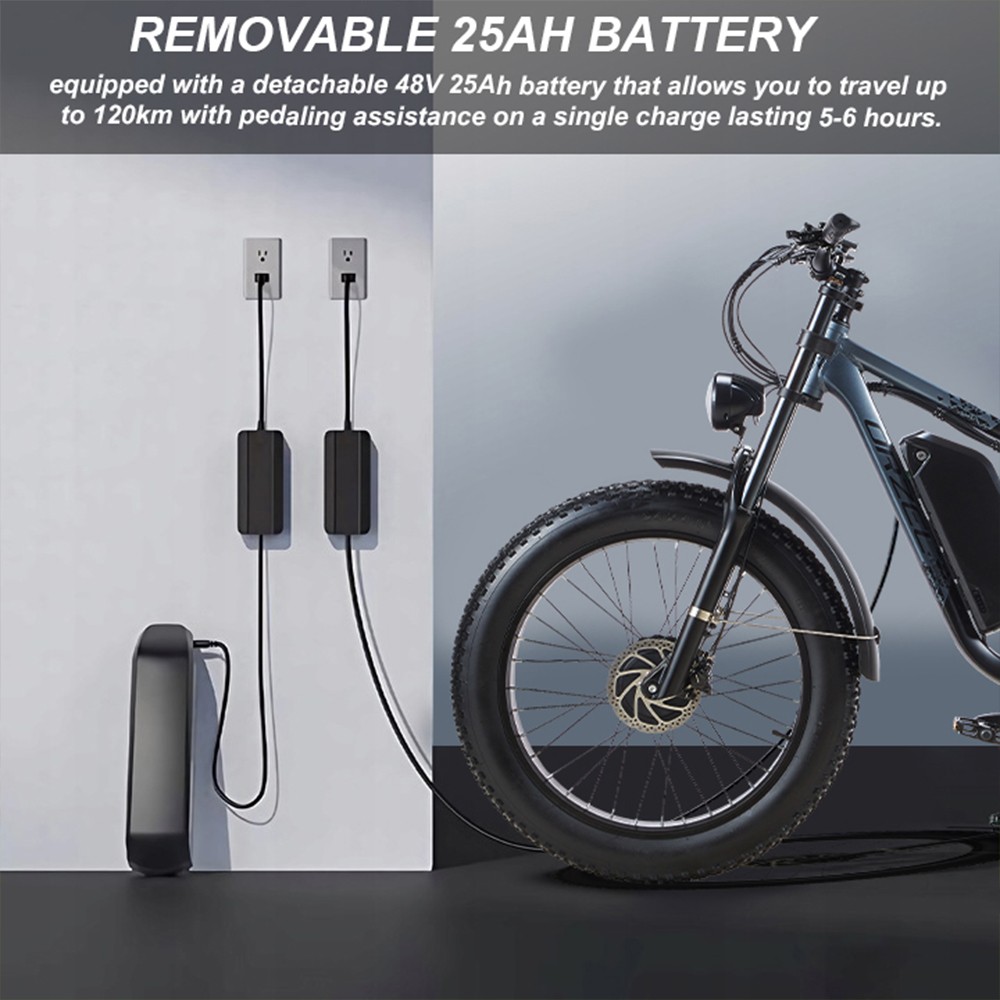 ORZELEBIKE K17 Electric Bike, 1000W*2 Motor, 48V 25Ah Battery, 26*4.0 palcové pneumatiky, max. rýchlosť 50 km/h, max. dojazd 120 km, predné & zadné hydraulické kotúčové brzdy, predné & zadné duálne tlmiče, Shimano 7 rýchlostí - modrá
