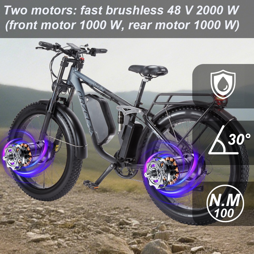 ORZELEBIKE K17 Electric Bike, 1000W*2 Motor, 48V 25Ah Battery, 26*4.0 palcové pneumatiky, max. rýchlosť 50 km/h, max. dojazd 120 km, predné & zadné hydraulické kotúčové brzdy, predné & zadné duálne tlmiče, Shimano 7 rýchlostí - modrá