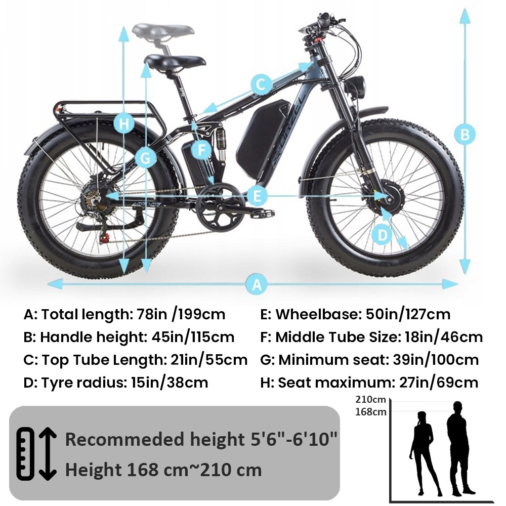 ORZELEBIKE K17 Electric Bike, 1000W*2 Motor, 48V 25Ah Battery, 26*4.0 inch Tires, 50km/h Max Speed, 120km Max Range, Front & Rear Hydraulic Disc Brakes, Front & Rear Dual Shock Absorbers, Shimano 7-speed - Blue