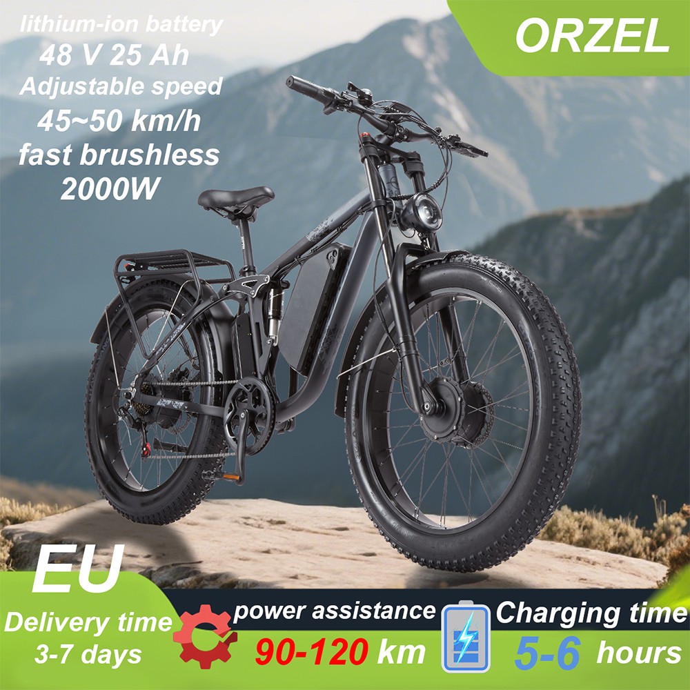 ORZELEBIKE K17 Electric Bike, 1000W*2 Motor, 48V 25Ah Battery, 26*4.0 palcové pneumatiky, max. rýchlosť 50 km/h, max. dojazd 120 km, predné & zadné hydraulické kotúčové brzdy, predné & zadné dvojité tlmiče, Shimano 7 rýchlostí - strieborná