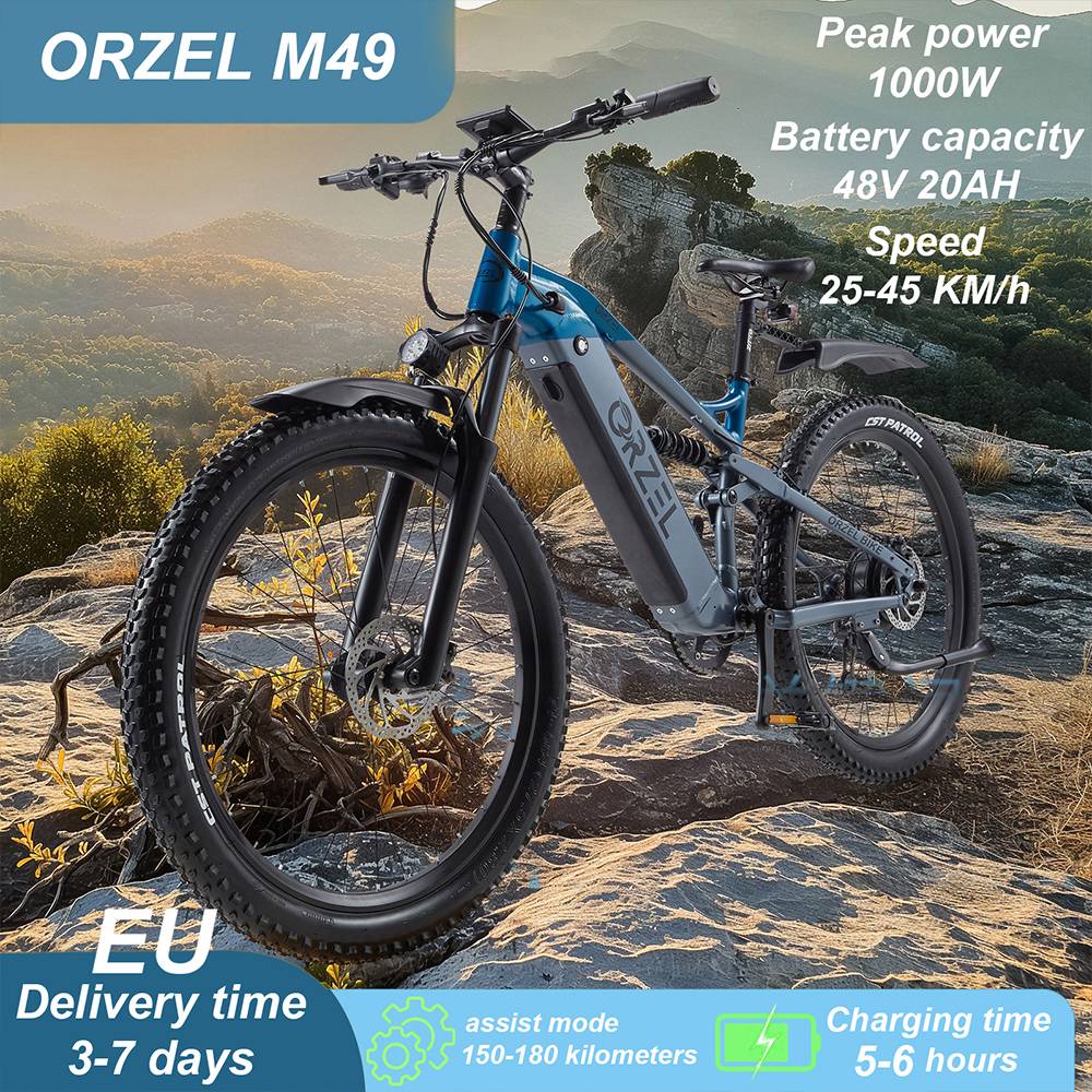 ORZELEBIKE M49 Electric Bike, 500W Motor, 48V 20AH Battery, 27.5 palcové pneumatiky, max. rýchlosť 45 km/h, max. dojazd 180 km, hydraulické brzdy Shimano, predný vidlicový tlmič, 9 rýchlostí, LCD displej - modrý