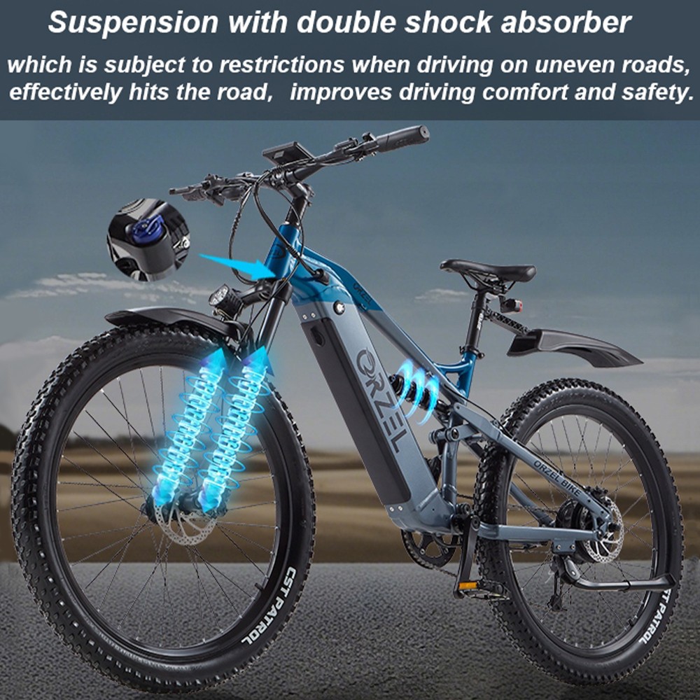 ORZELEBIKE M49 Elektrobicykel, 500W motor, 48V 20AH batéria, 27.5 palcové pneumatiky, max. rýchlosť 45 km/h, max. dojazd 180 km, hydraulické brzdy Shimano, predný vidlicový tlmič, 9 rýchlostí, LCD displej - modrý