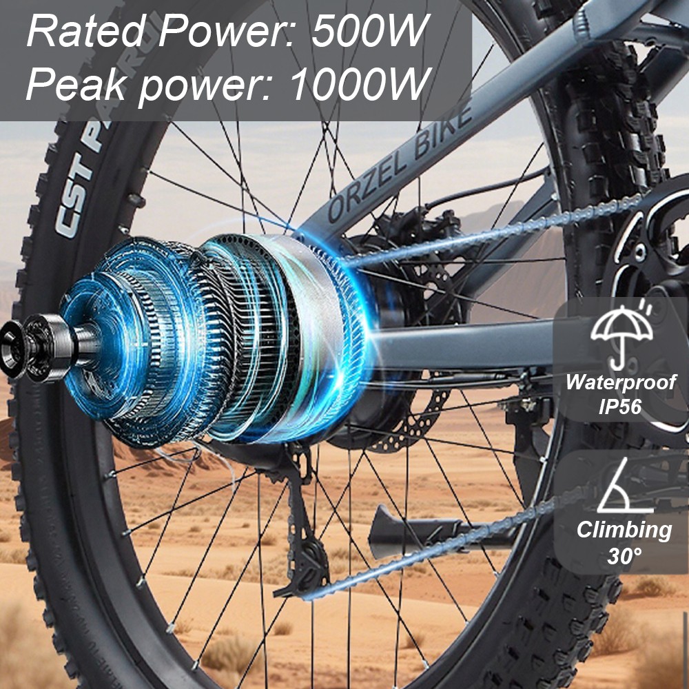 Elektrobicykel ORZELEBIKE M49, 500W motor, 48V 20AH batéria, 27.5 palcové pneumatiky, max. rýchlosť 45 km/h, max. dojazd 180 km, hydraulické brzdy Shimano, predný vidlicový tlmič, 9 rýchlostí, LCD displej - modrý