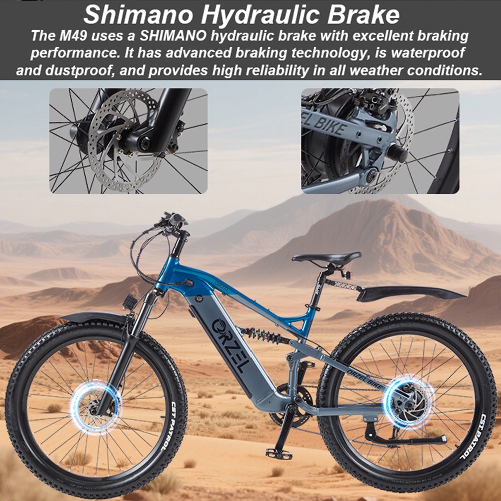 ORZELEBIKE M49 Electric Bike, 500W Motor, 48V 20AH Battery, 27.5 palcové pneumatiky, max. rýchlosť 45 km/h, max. dojazd 180 km, hydraulické brzdy Shimano, predný vidlicový tlmič, 9 rýchlostí, LCD displej - modrý