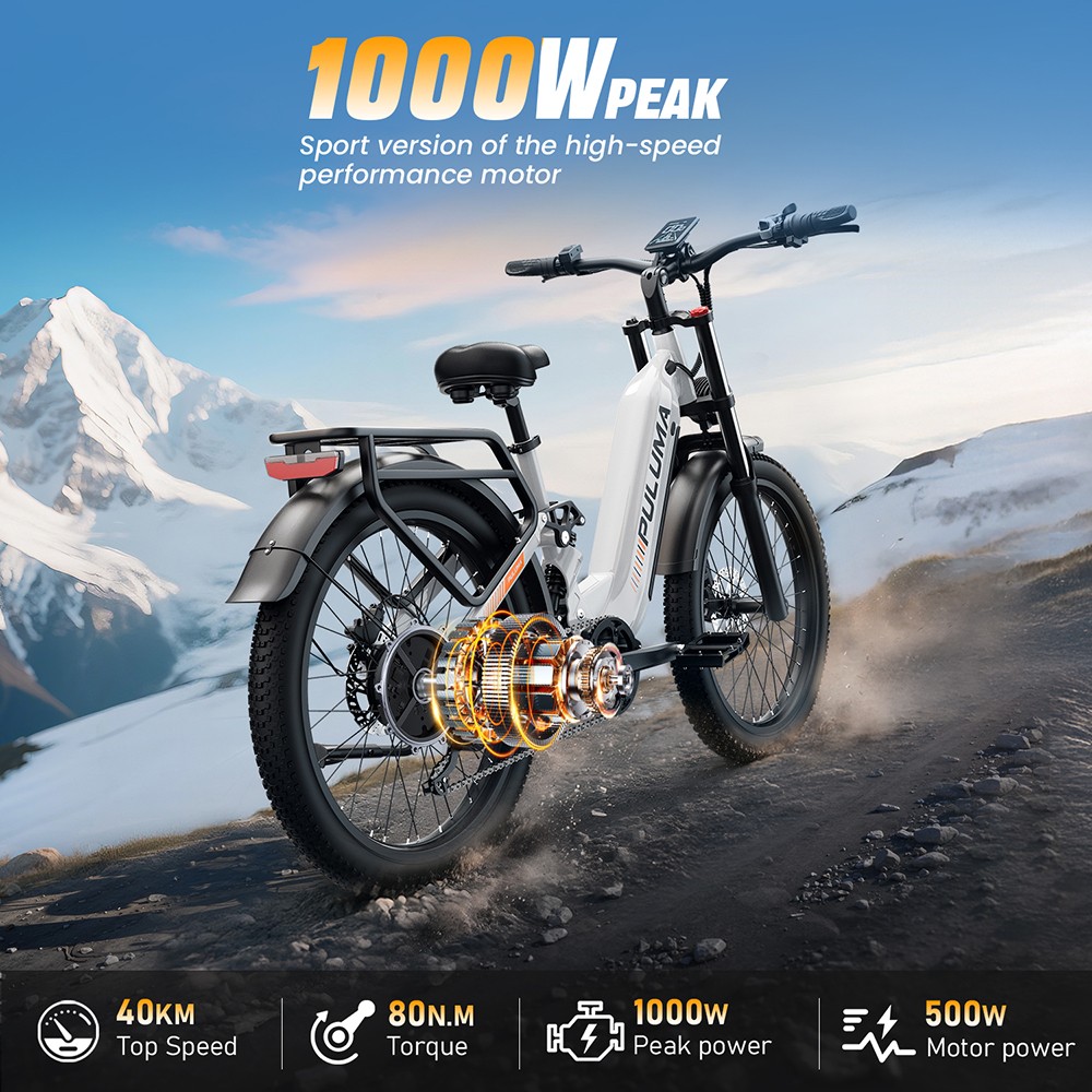Elektrobicykel PULUMA PE97, 500W motor, 48V 20Ah batéria, 26-palcové pneumatiky, max. rýchlosť 40 km/h, dojazd 150 km, hydraulické olejové brzdy, uzamykateľný tlmič, 7-rýchlostný prevod Shimano, LCD displej