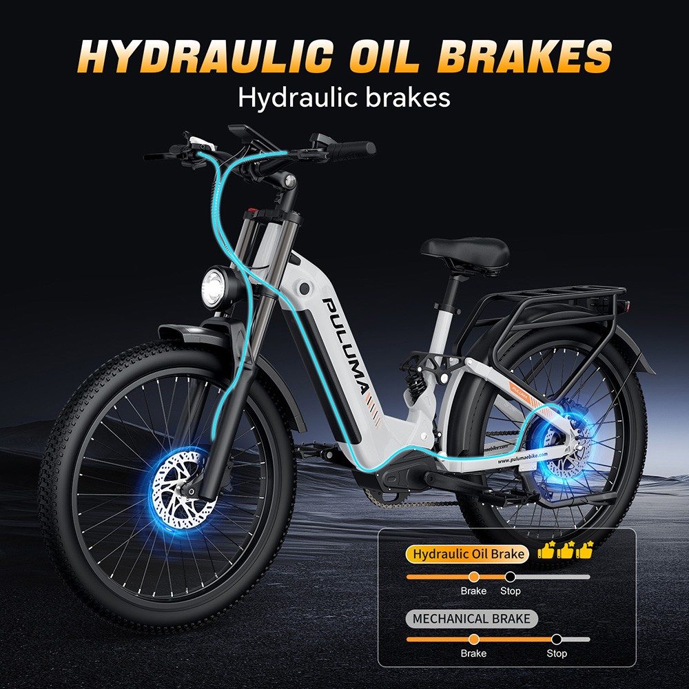 Elektrobicykel PULUMA PE97, 500W motor, 48V 20Ah batéria, 26-palcové pneumatiky, max. rýchlosť 40 km/h, dojazd 150 km, hydraulické olejové brzdy, uzamykateľný tlmič, 7-rýchlostný prevod Shimano, LCD displej