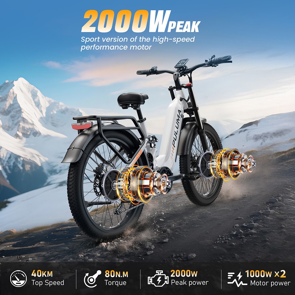 Elektrobicykel PULUMA PE97 Pro, 500W*2 motor, 48V 20Ah batéria, 26 palcové pneumatiky, max. rýchlosť 40km/h, dojazd 150km, hydraulické olejové brzdy, uzamykateľný tlmič, 7-rýchlostný Shimano, LCD displej