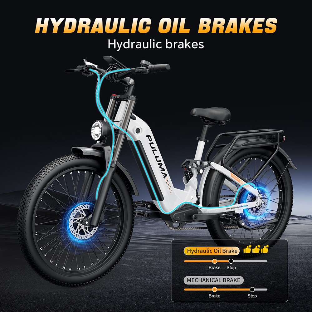 PULUMA PE97 Pro Electric Bike, 500W*2 motor, 48V 20Ah batéria, 26 palcové pneumatiky, max. rýchlosť 40km/h, dojazd 150km, hydraulické olejové brzdy, uzamykateľný tlmič, Shimano 7 rýchlostí, LCD displej