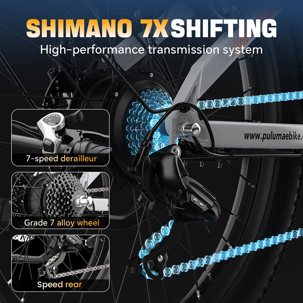 PULUMA PE97 Pro Electric Bike, 500W*2 motor, 48V 20Ah batéria, 26 palcové pneumatiky, max. rýchlosť 40km/h, dojazd 150km, hydraulické olejové brzdy, uzamykateľný tlmič, Shimano 7 rýchlostí, LCD displej