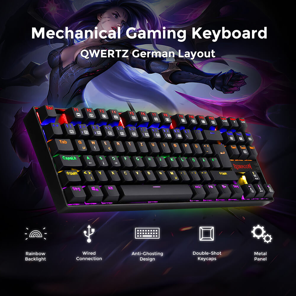 Refurbished Redragon K552 Rainbow Backlight TKL Mechanical Keyboard Compact 88 Keys QWERTZ German Layout Red Switch - Black
