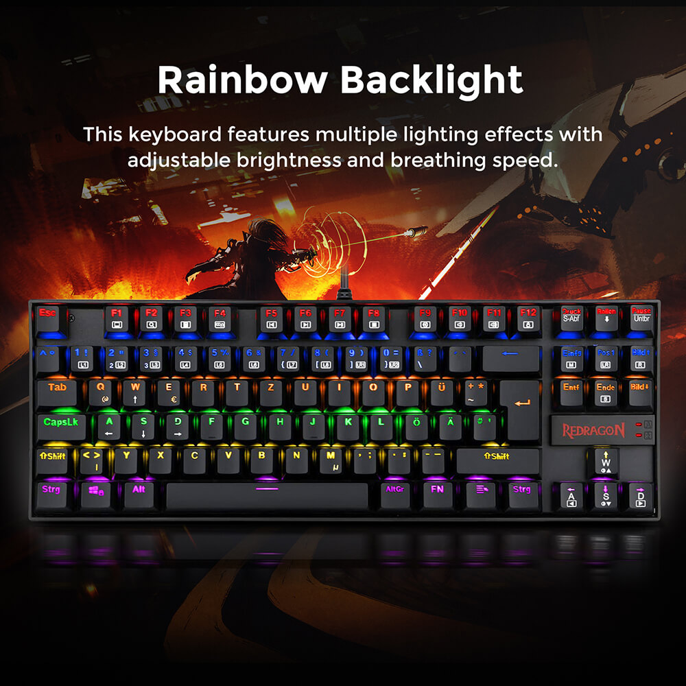 Refurbished Redragon K552 Rainbow Backlight TKL Mechanical Keyboard Compact 88 Keys QWERTZ German Layout Red Switch - Black
