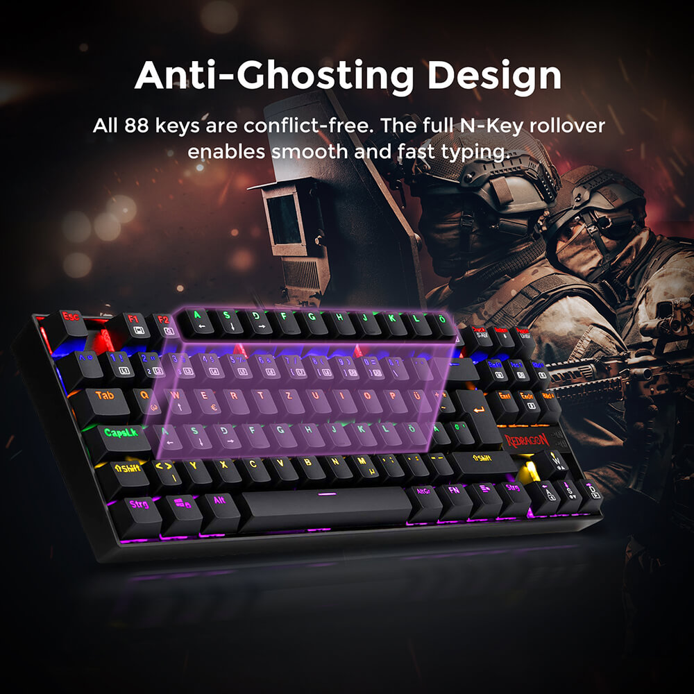 Refurbished Redragon K552 Rainbow Backlight TKL Mechanical Keyboard Compact 88 Keys QWERTZ German Layout Red Switch - Black