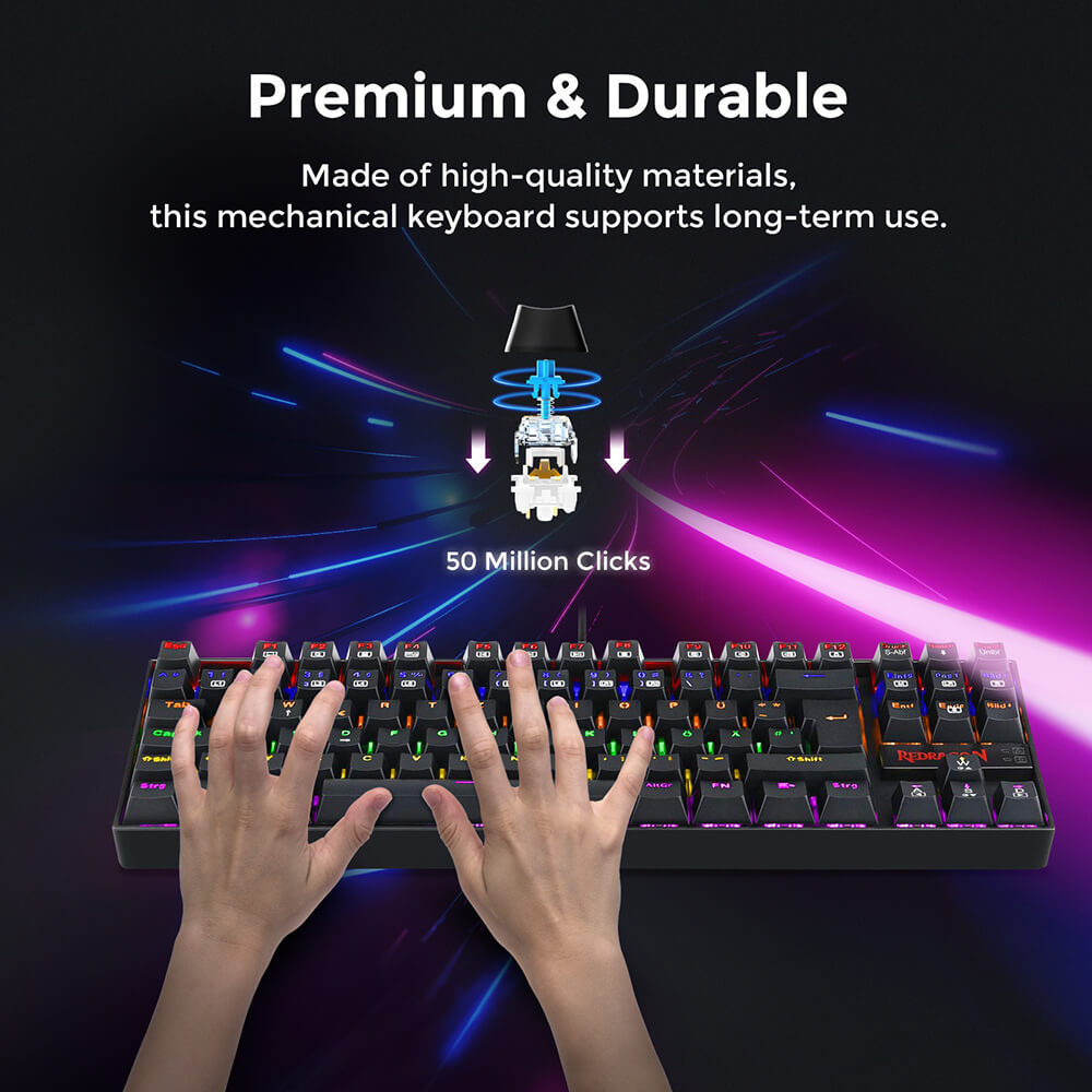 Refurbished Redragon K552 Rainbow Backlight TKL Mechanical Keyboard Compact 88 Keys QWERTZ German Layout Red Switch - Black