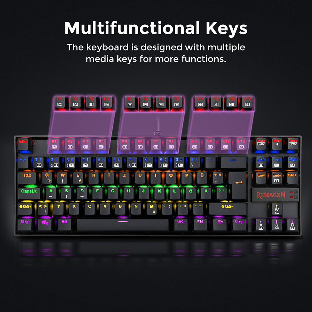 Refurbished Redragon K552 Rainbow Backlight TKL Mechanical Keyboard Compact 88 Keys QWERTZ German Layout Red Switch - Black