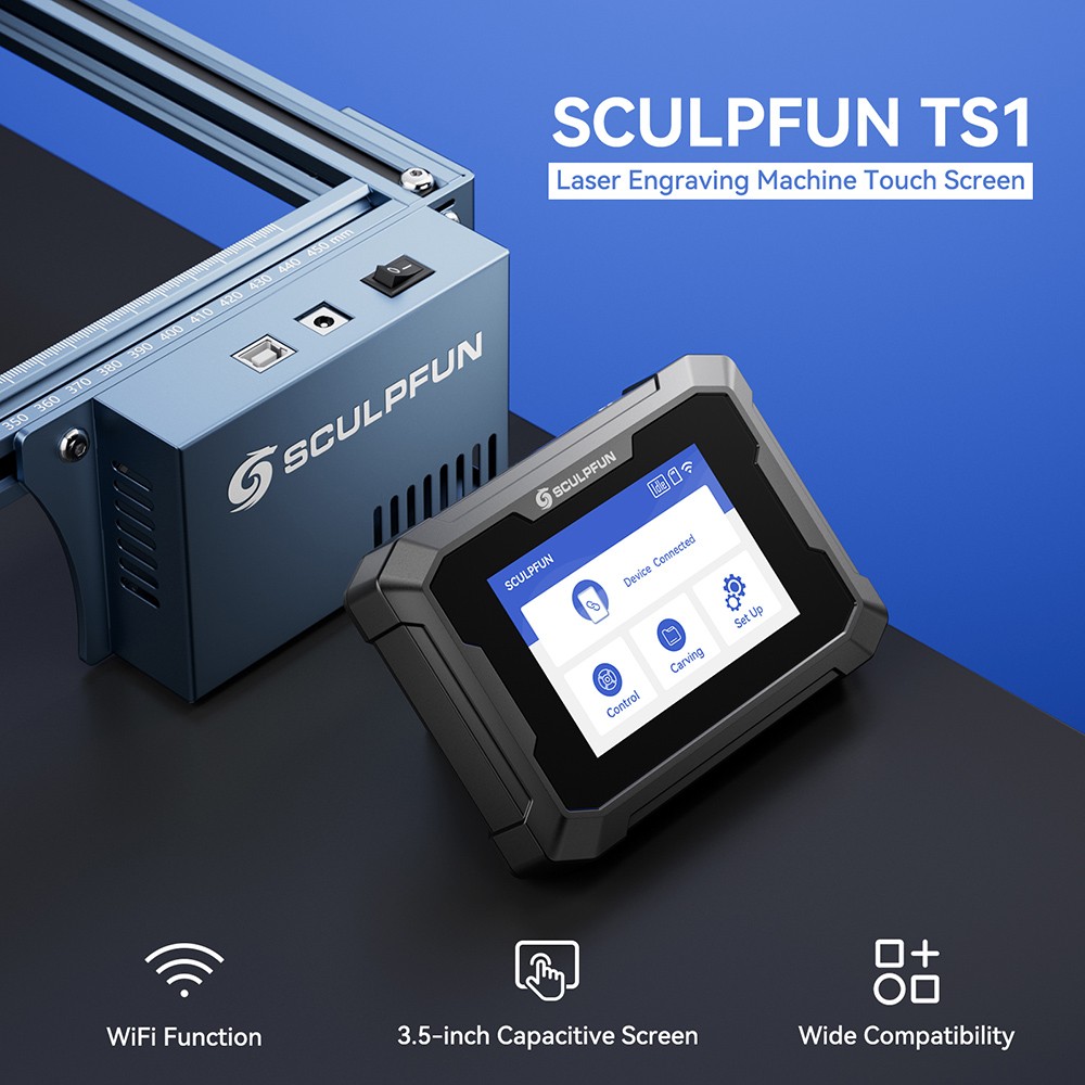 SCULPFUN TS1 3.5-inch Touch Screen, 480x320P, WiFi Connection, with SD Card/ Type-C/ USB/ Power Input Ports, Support English/ German/ French/ Italian/ Spanish/ Polish Languages, for All SCULPFUN, ATOMSTACK S20 PRO/ A5 PRO+/ X70 MAX, IKIER K1 Ultra