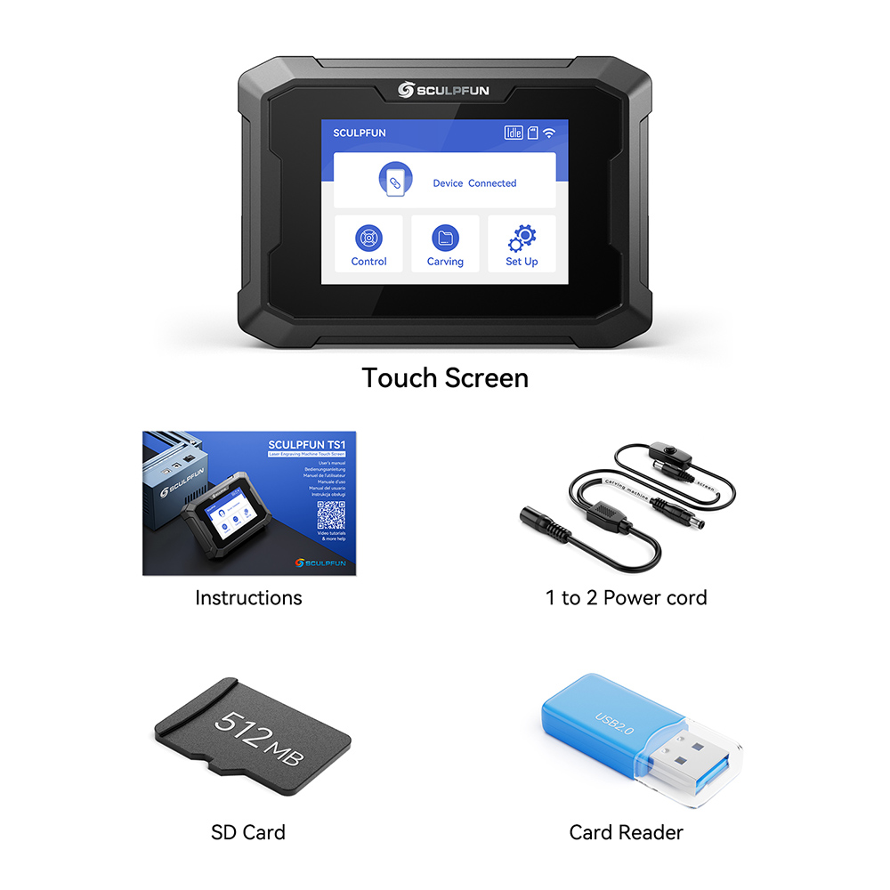 SCULPFUN TS1 3.5-inch Touch Screen, 480x320P, WiFi Connection, with SD Card/ Type-C/ USB/ Power Input Ports, Support English/ German/ French/ Italian/ Spanish/ Polish Languages, for All SCULPFUN, ATOMSTACK S20 PRO/ A5 PRO+/ X70 MAX, IKIER K1 Ultra