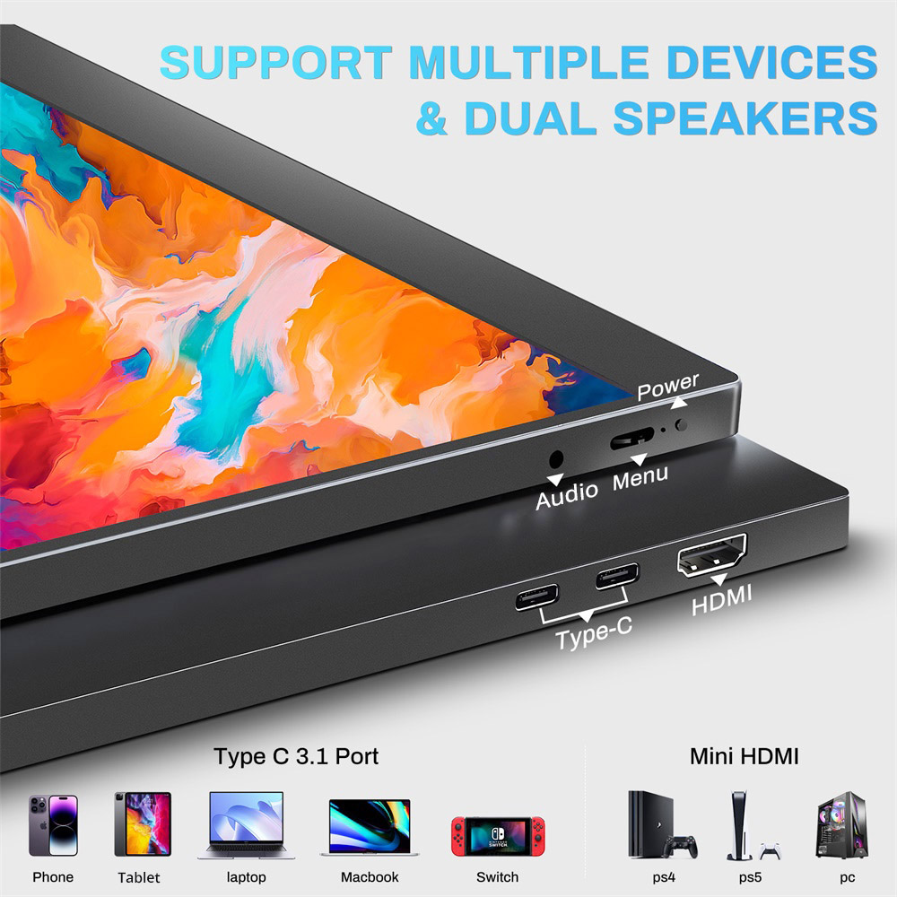TALLPOWER JH01 15.6-inch Portable Monitor, 1920 x 1080 2K Full HD Display, 60Hz Refresh Rate, 100% sRGB, 178&deg; Viewing Angle, 2*Type-C 3.1, 1*HDMI