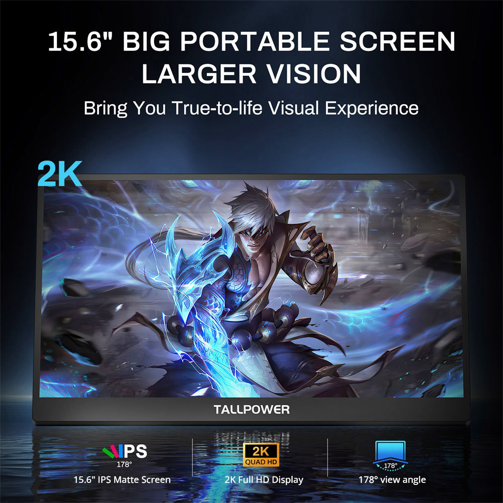 TALLPOWER JH01 15.6-inch Portable Monitor, 1920 x 1080 2K Full HD Display, 60Hz Refresh Rate, 100% sRGB, 178&deg; Viewing Angle, 2*Type-C 3.1, 1*HDMI