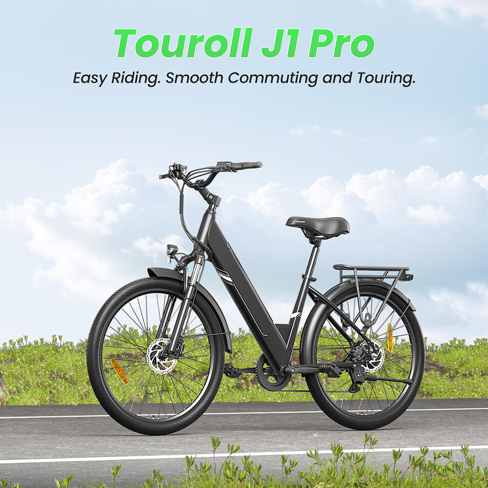 Elektrobicykel Touroll J1 Pro, 250W motor, 36V 15,6Ah batéria, 27,5 palcové pneumatiky, max. rýchlosť 25 km/h, dojazd 100 km, hydraulické kotúčové brzdy, odpruženie s aretáciou, 7-rýchlostný prevod Shimano