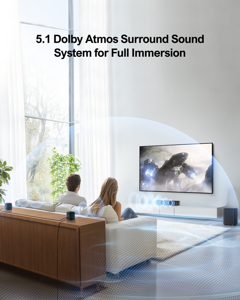 Ultimea Aura A50 Pro 5.1 Soundbar + 1 * Pár stabilných 310 reproduktorových stojanov, Dolby Atmos, systém priestorového zvuku pre TV, ovládanie aplikácií, 2 priestorové reproduktory, HDMI eARC/OPT/AUX/Bluetooth