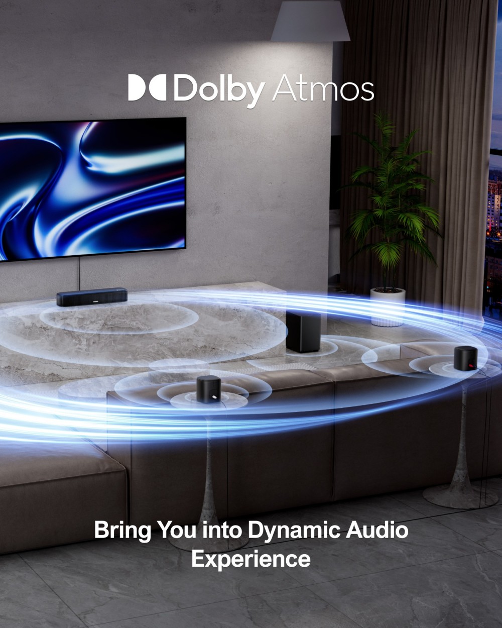 Ultimea Aura A50 Pro 5.1 Soundbar + 1 * Pair Steady 310 Speaker Stands, Dolby Atmos, systém priestorového zvuku pre TV, ovládanie aplikácií, 2 priestorové reproduktory, HDMI eARC/OPT/AUX/Bluetooth