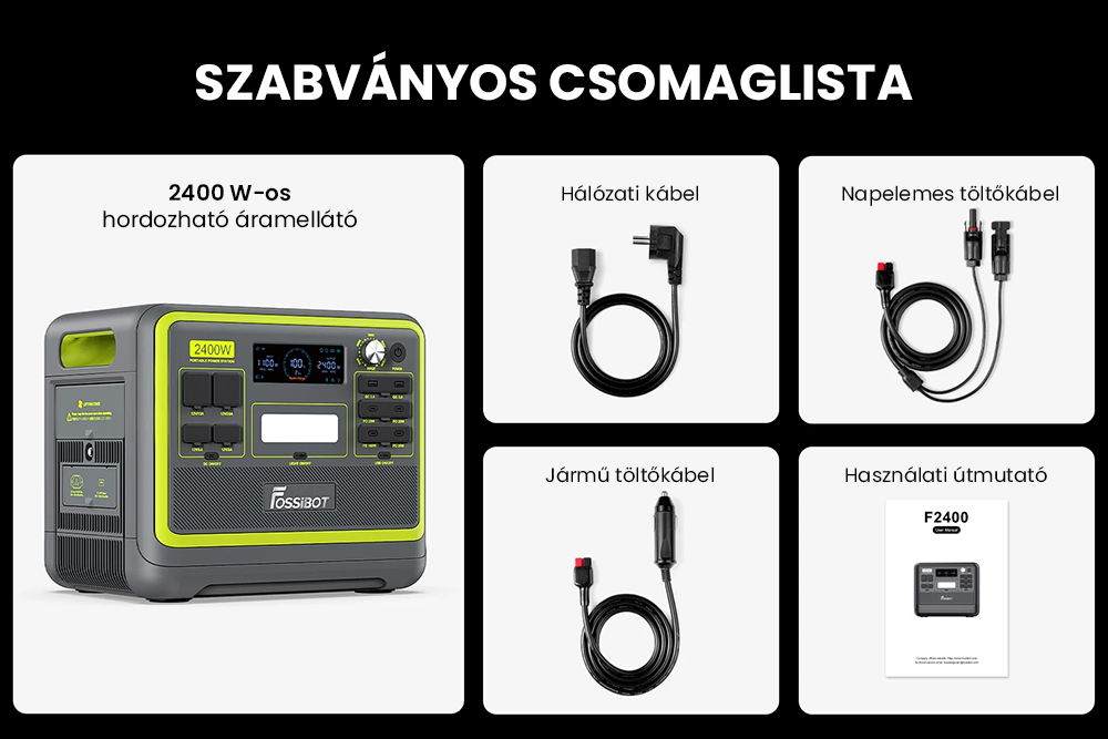 FOSSiBOT F2400 hordozhat&oacute; erőmű, 2048 Wh LiFePO4 akkumul&aacute;tor, 2400 W teljes&iacute;tm&eacute;nyű napelemes gener&aacute;tor, 3xAC lak&oacute;aut&oacute;s USB C t&iacute;pus&uacute; QC3.0 PD DC5521 tiszta szinuszhull&aacute;m&uacute; teljes aljzat, 1,5 &oacute;r&aacute;s gyors t&ouml;lt&eacute;s, bemeneti teljes&iacute;tm&eacute;nyszab&aacute;lyoz&oacute; gomb, k&eacute;tir&aacute;ny&uacute; inverter - z&ouml;ld