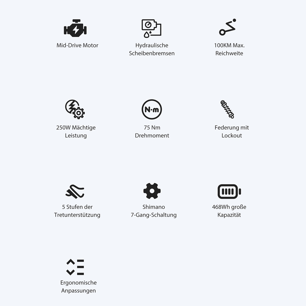 Foride Urbano 2 Elektrofahrrad, 250-W-Mittelmotor, 36-V-13-Ah-Akku, 26-Zoll-Reifen, 25 km/h H&ouml;chstgeschwindigkeit, 100 km Reichweite, hydraulische Scheibenbremse, Federung mit Sperre, Shimano 7-Gang