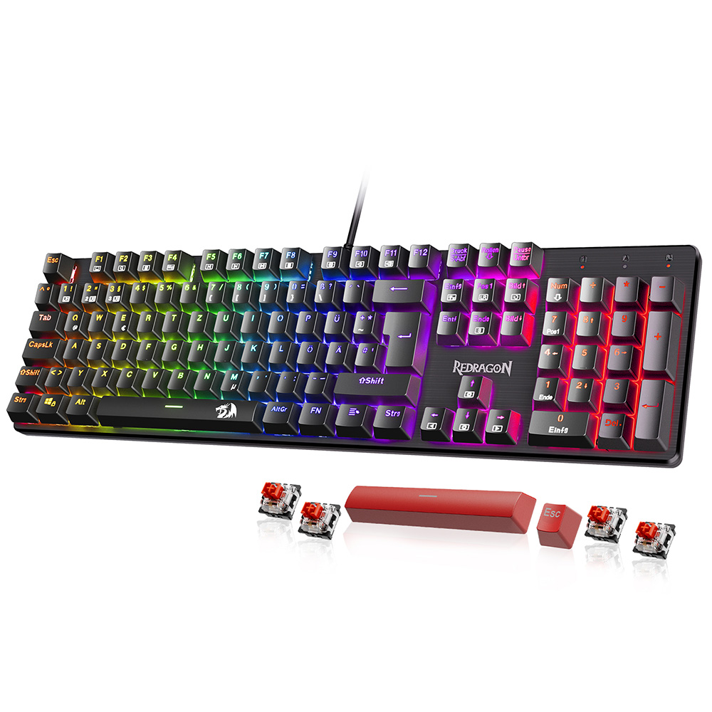 Redragon K671-DE Clavier m&eacute;canique 105 touches avec pav&eacute; num&eacute;rique, r&eacute;tro&eacute;clairage arc-en-ciel, commutateur rouge, disposition DE - Noir