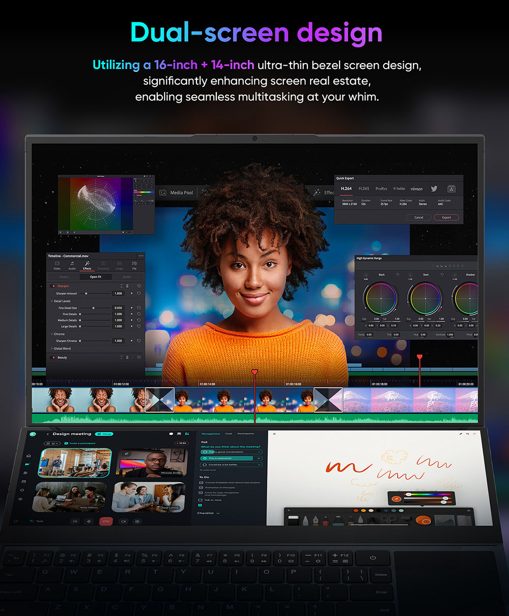 N-one NBook Fly two screens Laptop Intel&reg; Core&trade; i7-10850H 2.7Ghz  16inch 1920*1200 Full-screen  14inch 1920*550 RAM:16GB DDR4  ROM:1TBSSD   1.0MP Camera 11.4V 51Wh  Windows 11pro  USB3.0*3 USB-c *1