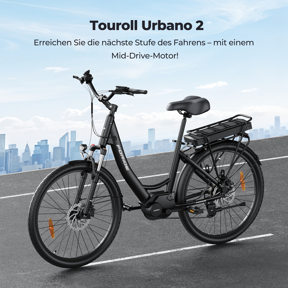 Foride Urbano 2 Elektrofahrrad, 250-W-Mittelmotor, 36-V-13-Ah-Akku, 26-Zoll-Reifen, 25 km/h H&ouml;chstgeschwindigkeit, 100 km Reichweite, hydraulische Scheibenbremse, Federung mit Sperre, Shimano 7-Gang