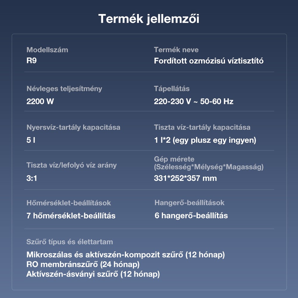 JIMMY R9 Asztali Reverz Ozm&oacute;zis V&iacute;zszűrő, 7 Fokozat + UV + &Aacute;sv&aacute;nyoz&aacute;s, 3s Melegv&iacute;z, 7 Hőfok, 3:1 Ar&aacute;ny, Sz&uuml;rke
