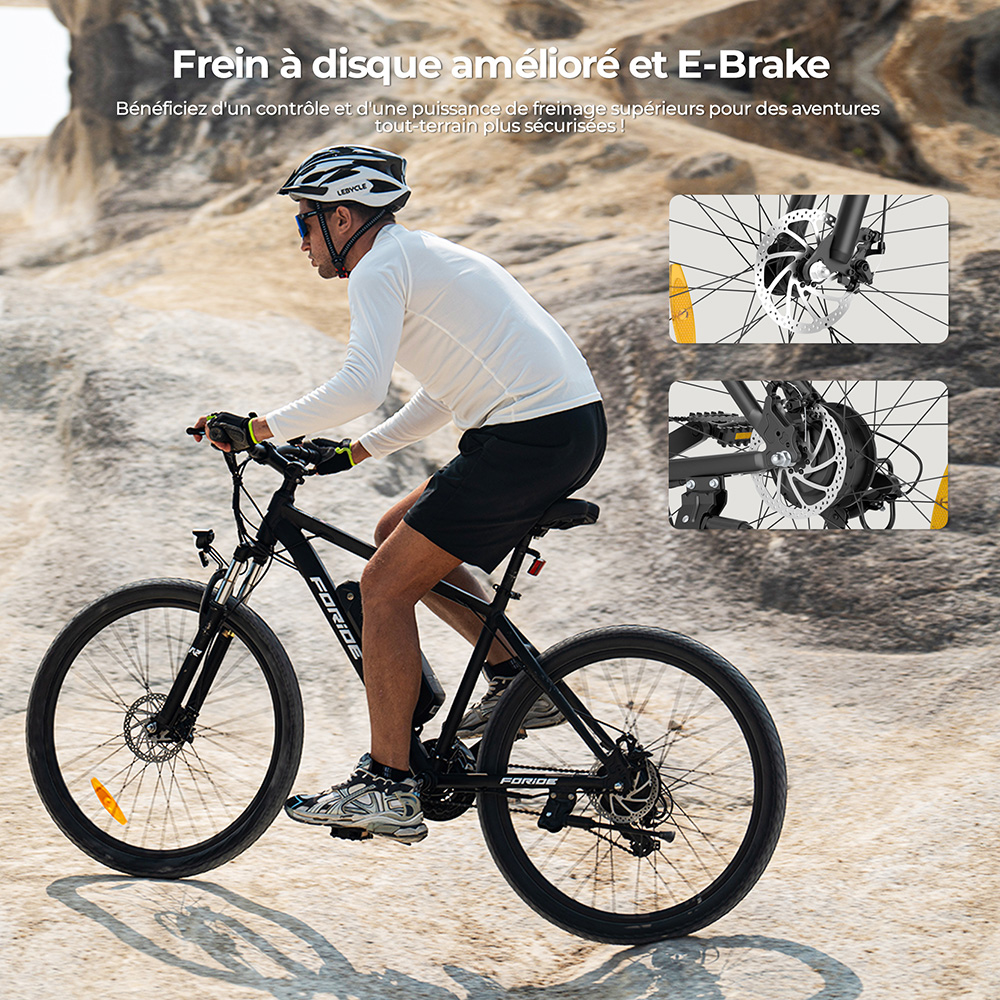 Foride Xtremer 1 Vélo électrique, moteur 250 W, batterie 36 V 13 Ah, pneus 29 pouces, vitesse maximale 25 km/h, autonomie maximale 100 km, freins à disque et freins à main, suspension avec blocage, transmission Shimano 21 vitesses
