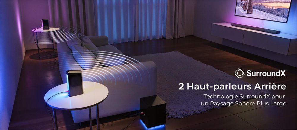 Ultimea Apollo S90 Barre de son 9.1 canaux, Dolby Atmos, puissance de crête de 470 W, éclairage RVB, contrôle par application, 121 matrices d'égalisation prédéfinies, Bluetooth 5.3, design détachable