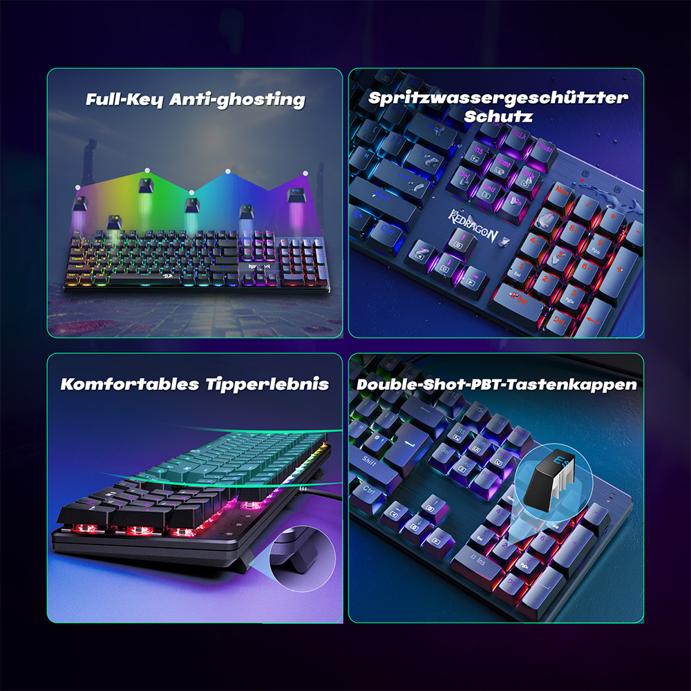 Redragon K671-DE Mechanische Tastatur mit 105 Tasten und Ziffernblock, Regenbogen-Hintergrundbeleuchtung, roter Schalter, DE-Layout, Schwarz