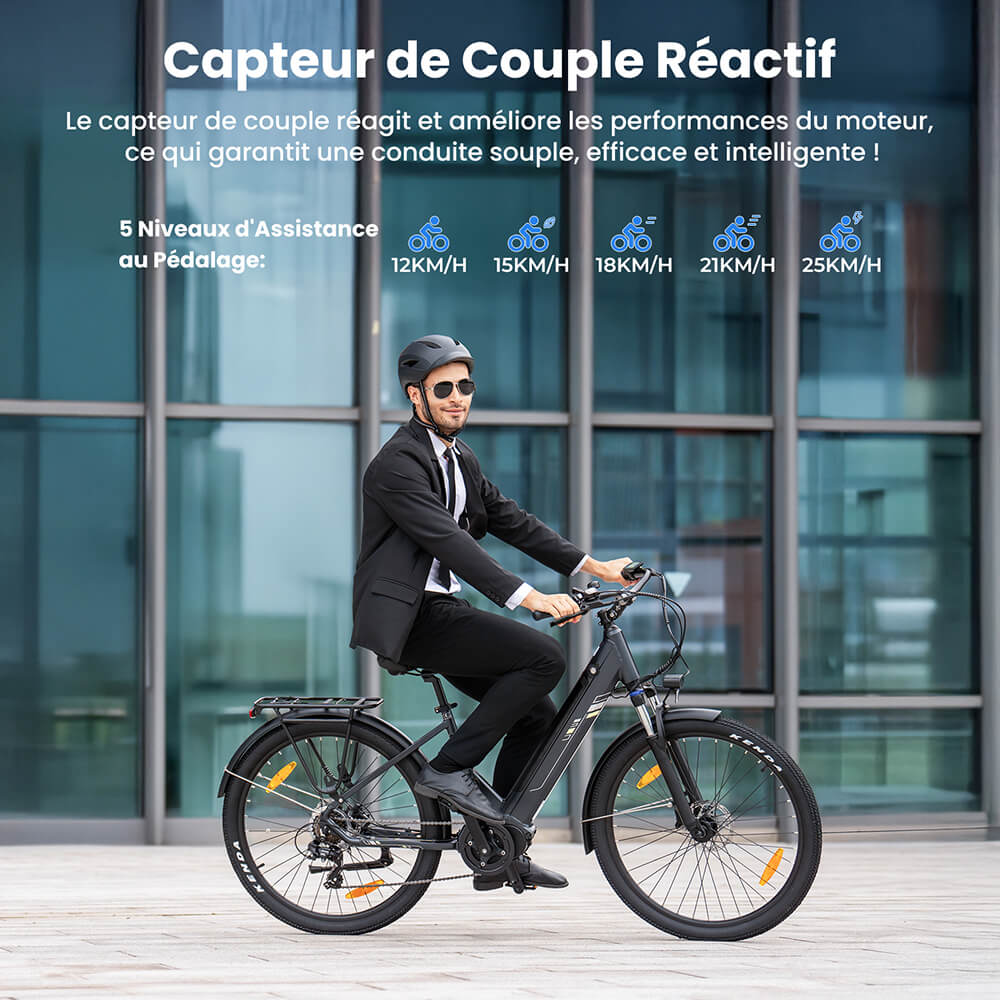 Touroll Urbano 3 V&eacute;lo &eacute;lectrique, moteur central 250 W, batterie 36 V 13 Ah, pneus 27,5 pouces, vitesse maximale 25 km/h, autonomie 120 km, frein &agrave; disque hydraulique, fourche &agrave; suspension avec blocage