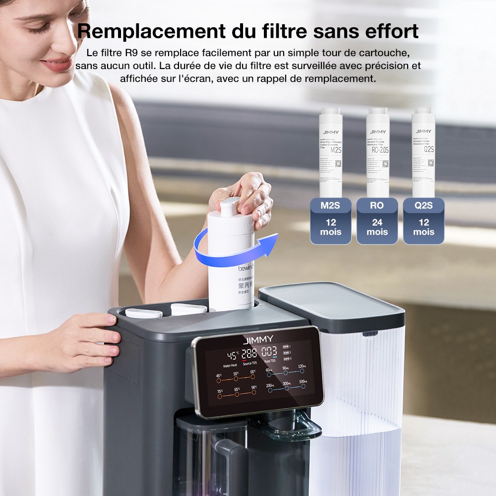 JIMMY R9 Purificateur d'Eau &agrave; Osmose Inverse pour Plan de Travail, 7 &Eacute;tapes + UV + Min&eacute;ralisation, Chauffage 3s, 7 Temp&eacute;ratures, Ratio 3:1, Gris